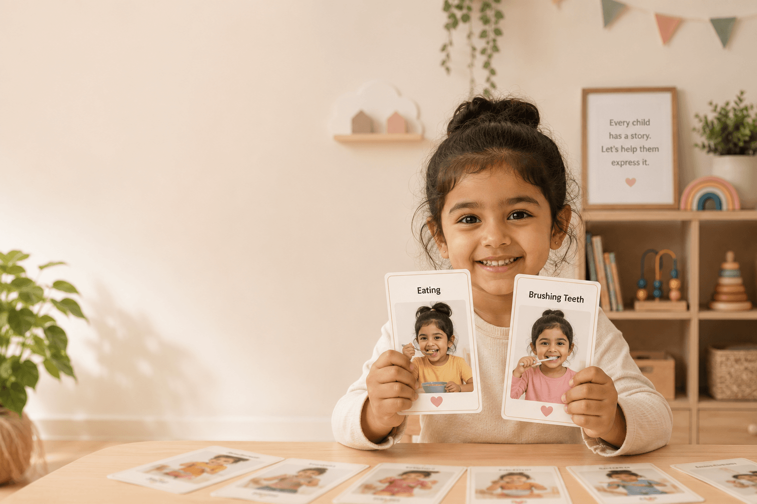 A child confidently holding up KIDSO flashcards labeled Eating and Brushing Teeth